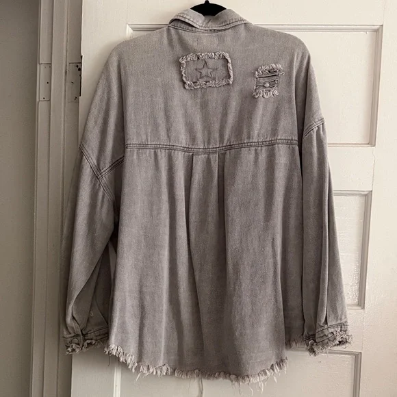 Vici Oversized Distressed Button-Down Shirt Jacket in Light Gray - Picture 8 of 8